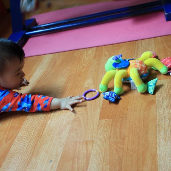 趴著有玩具引誘會向前爬一點點