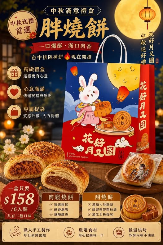  台中超人氣排隊名店 Mr.Chen 胖燒餅🌕中秋滿意禮盒 6入 $158 