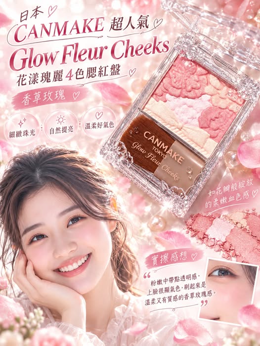  日本 CANMAKE 超人氣Glow Fleur Cheeks 花漾瑰麗4色腮紅盤/香草玫瑰 $269 