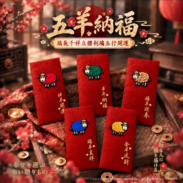  五羊納福 瑞氣千祥立體刺繡五行開運紅包10入組$139 
