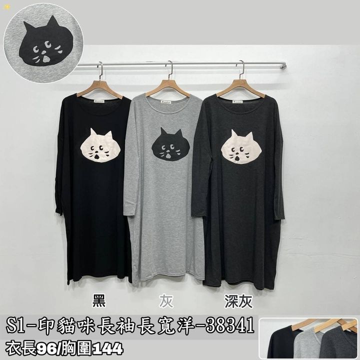 X-1214 印貓咪長袖長寬洋-38341