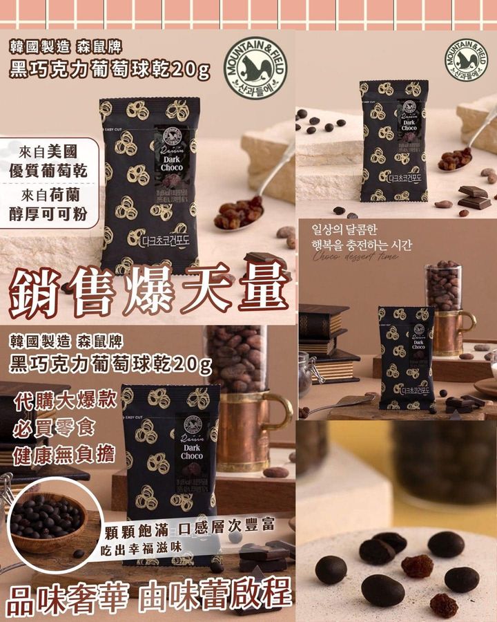 49-41225 🇰🇷韓國製造 森鼠牌 黑巧克力葡萄球乾20g
