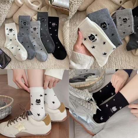 00-59166 秋款貓咪星星刺繡襪5雙組 - 9/19