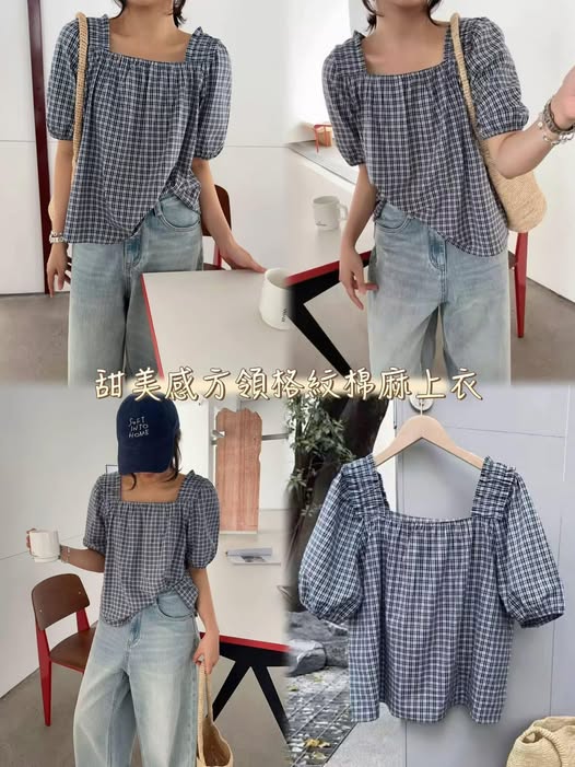 63-甜美感方領格紋棉麻上衣 6511/2379