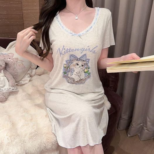 03-257 胸墊貓咪印花睡裙家居服