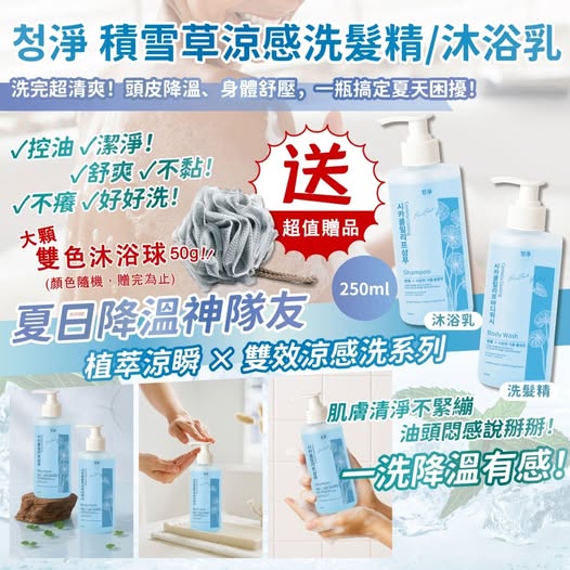 X4 20-65410 盛夏降溫神隊友청淨 積雪草涼感洗沐超值組合(洗髮250ml+沐浴250ml)《買就送 雙色沐浴球×1》