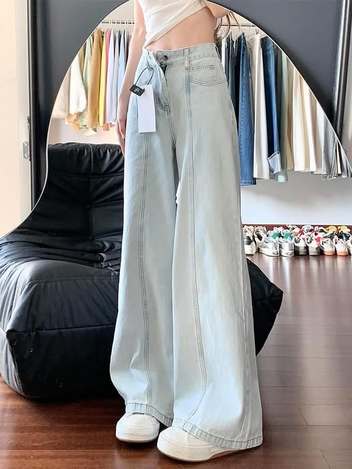 46-66178 👖淺色拼接彎刀闊腿牛仔褲 👖 S656