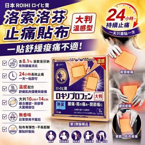 78A-66357 日本 ROIHI ロイヒ膏 大尺寸 洛索洛芬 止 痛 貼 布 7枚(大判10cm*14cm溫感型) 