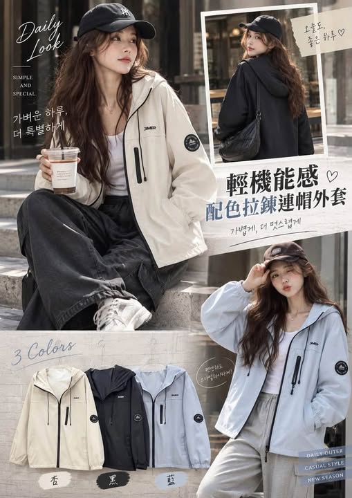 63-輕機能感配色拉鍊連帽外套 2631/1617