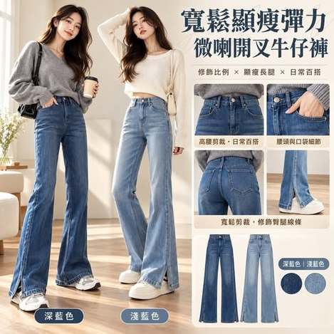 46-610096 寬鬆顯瘦彈力微喇開叉牛仔褲