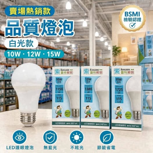 30-610151台灣品牌｜索雷特 LED護眼無藍光節能省電300°超廣角照明燈泡(10W/12W/15W) (白光)(顆) - 10/11