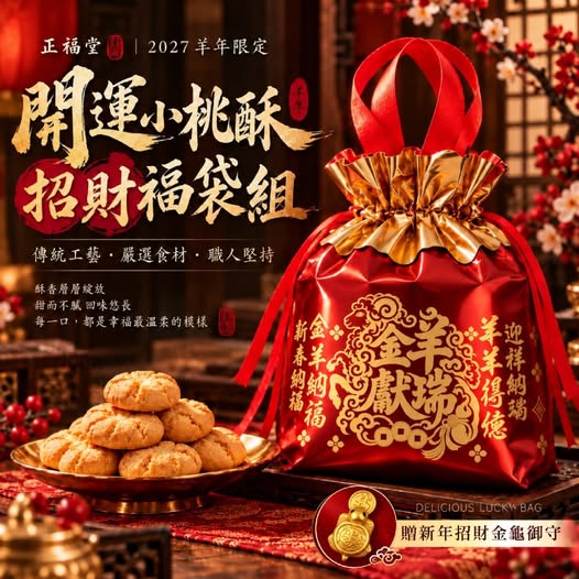 30-610490 2027限定 正福堂 羊來得億 開運奶香小桃酥招財福袋組20入(贈新年招財金龜御守)(組) - 10/29