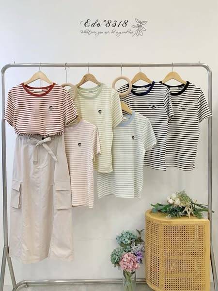 D328 刺繡熊橫條紋T