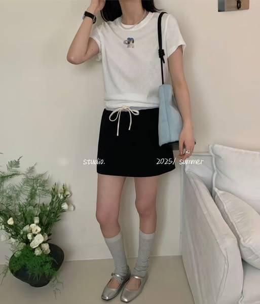 Q* 531鬆緊拼接棉短裙