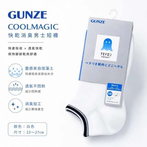 (T2605180)日本 GUNZE COOLMAGIC快乾消臭男士短襪(白色)
