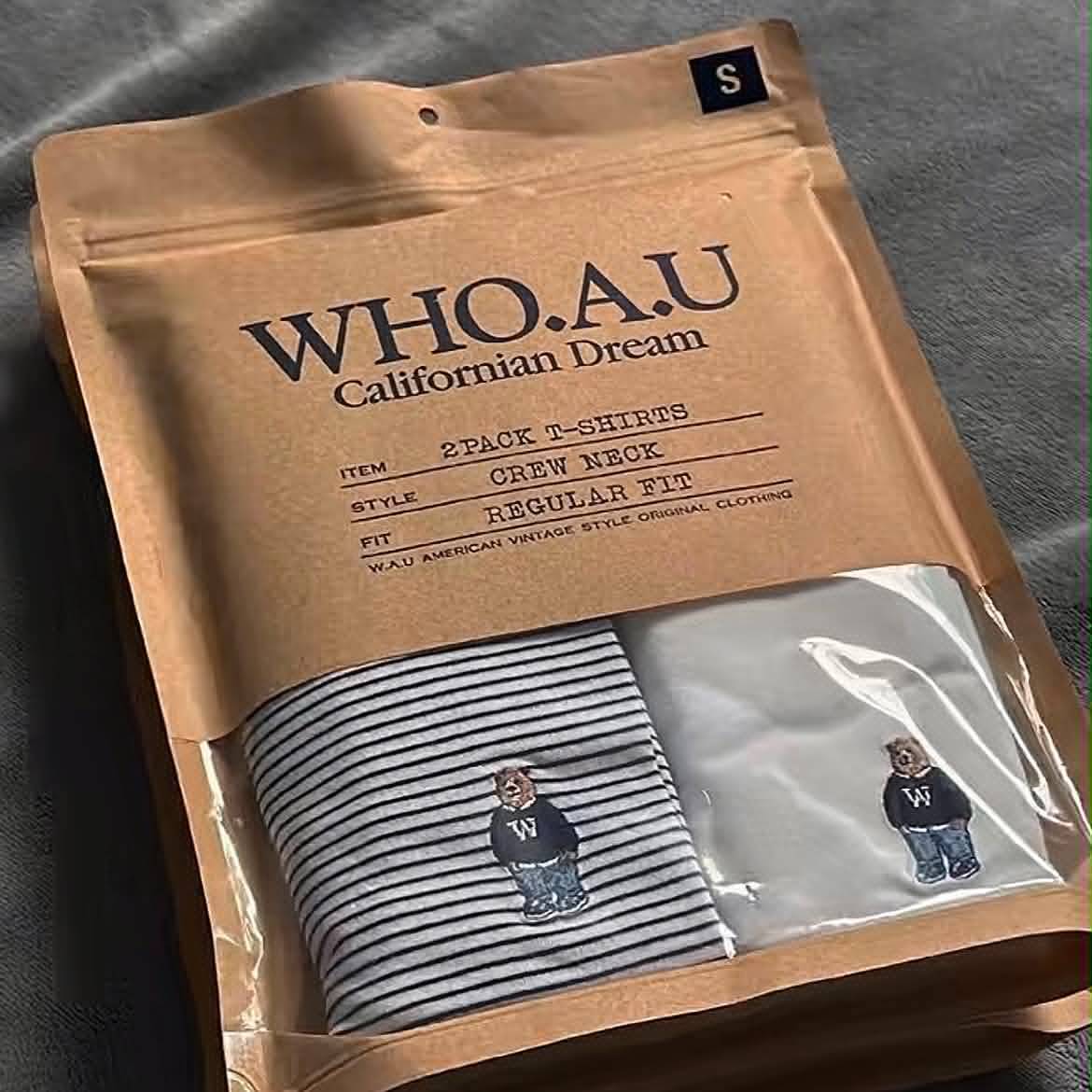 韓國 WHO.A.U Steve小熊細條紋純棉短T（二入組)