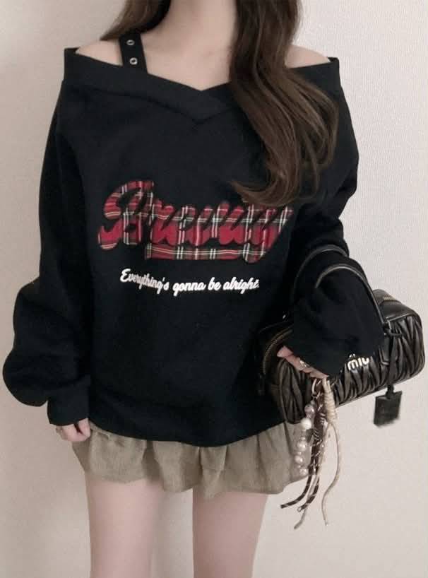 🤍 GRL 格紋字母露肩V領寬鬆大學T 🤍