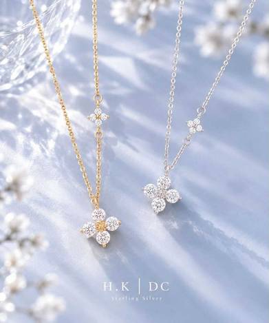 H.K DC 925純銀 雙生幸運花璀璨鋯石項鍊