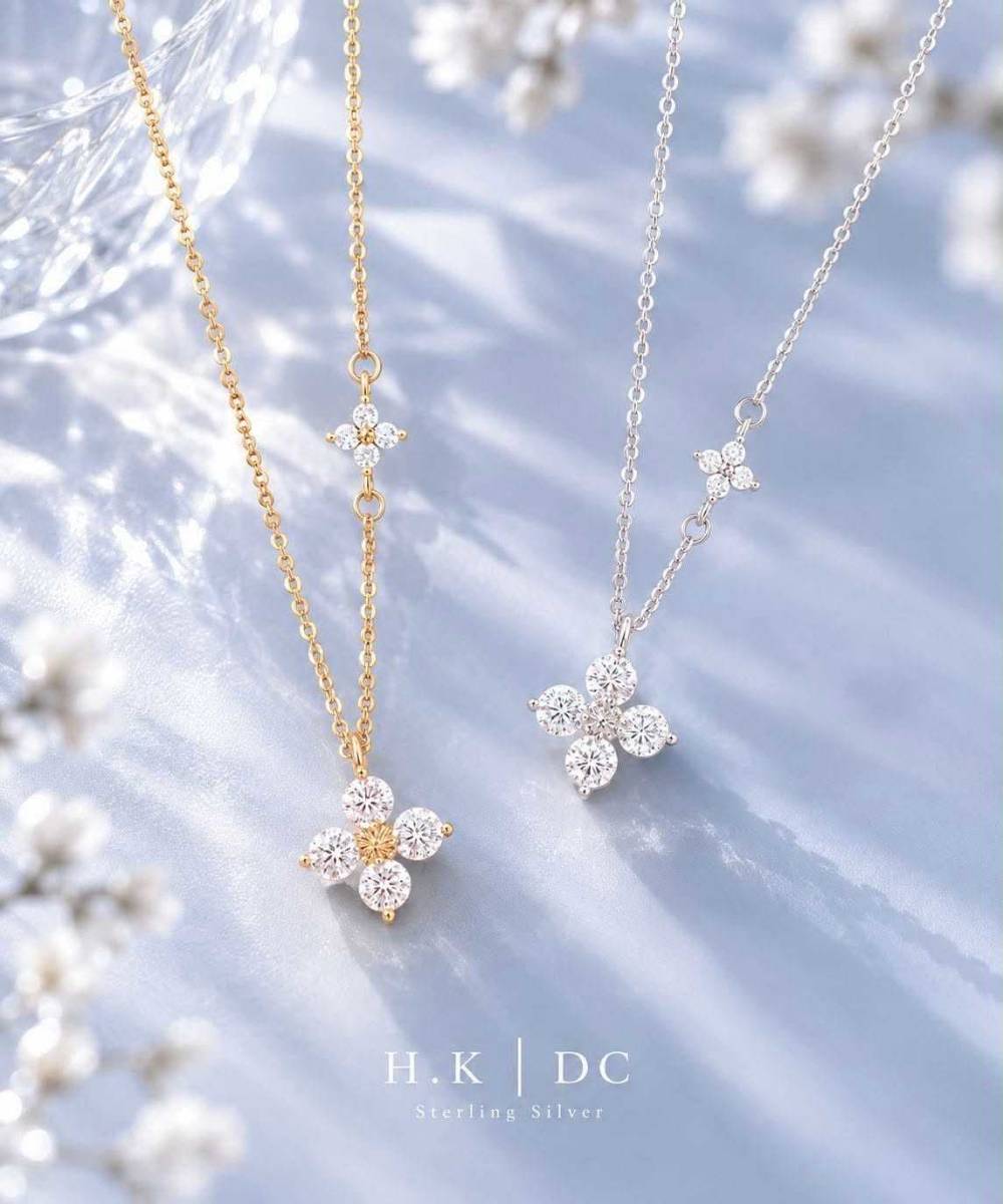 H.K DC 925純銀 雙生幸運花璀璨鋯石項鍊