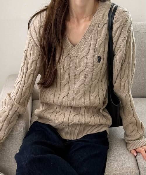 U.S. POLO ASSN. 女款 V領麻花針織上衣