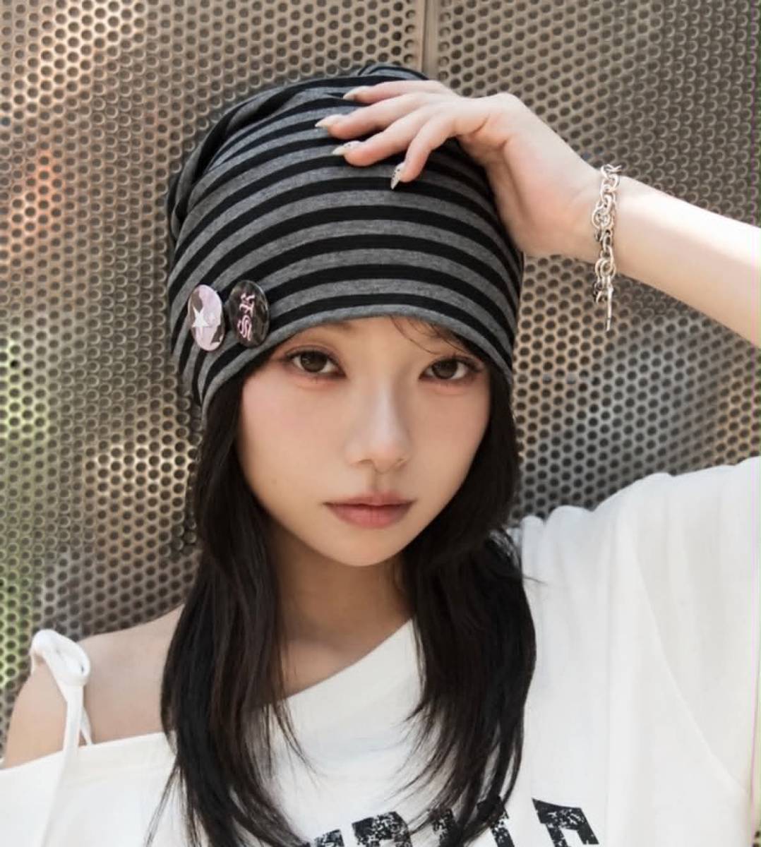 🖤 日本 WEGO 徽章條紋針織帽 🤍
