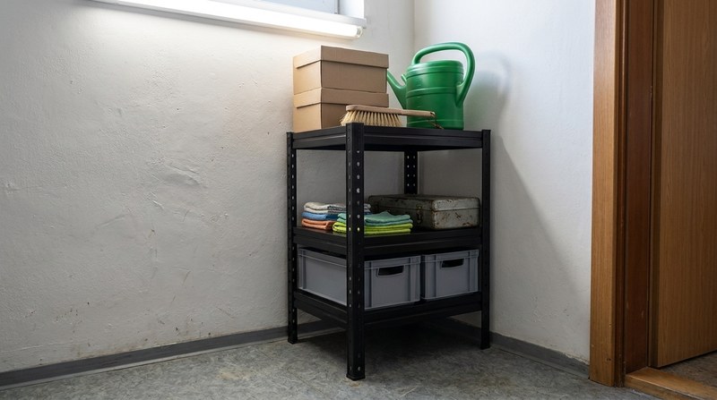Černý kovový regál se třemi policemi v rohu u zdi, na kterém jsou krabice, zelená konev, hadříky a plastové boxy.