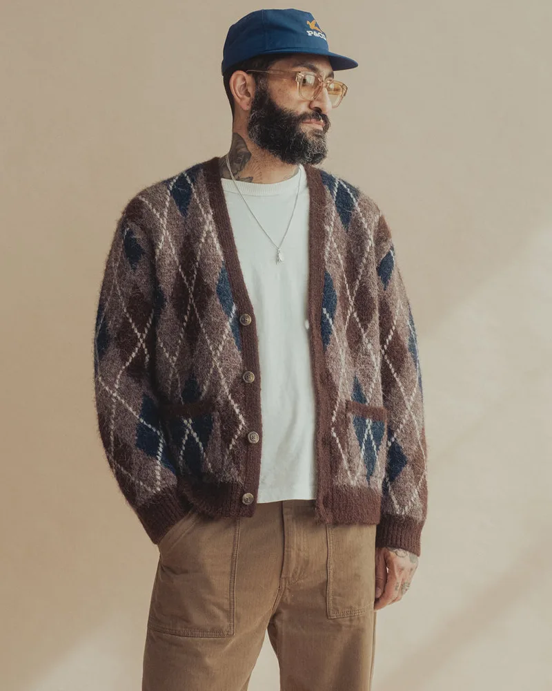 Fairway Brushed Cardigan - Brown Argyle