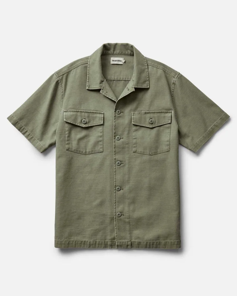 The Short Sleeve Surplus Shirt in Field Olive Reverse Sateen