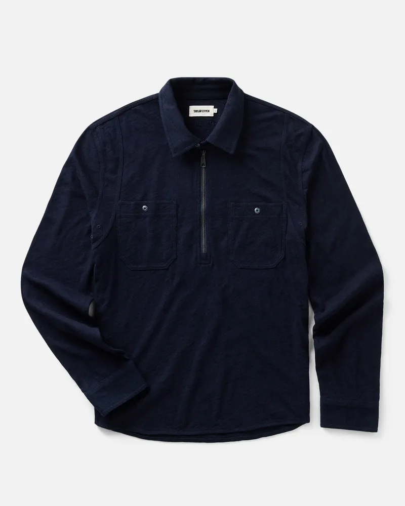 The Tiller Half Zip in Rinsed Indigo Slub