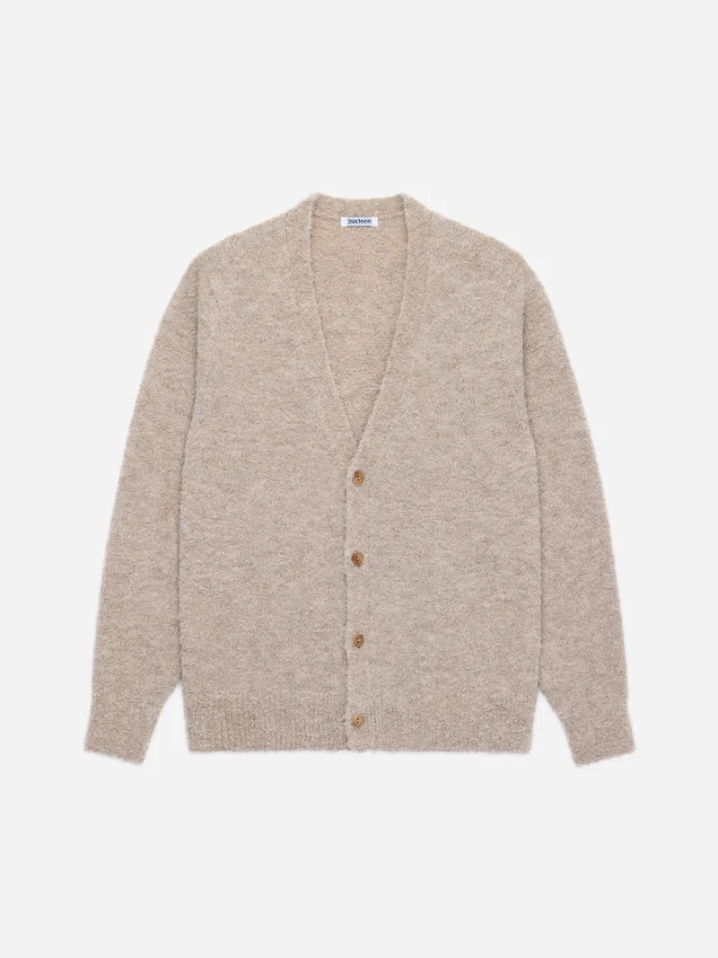 V Neck Cardigan Khaki Boucle Alpaca