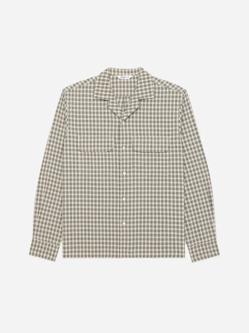 Open Collar Shirt Ecru Micro Plaid