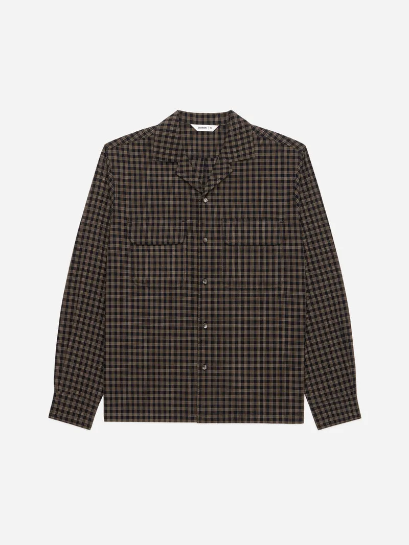 Open Collar Shirt Black Brown Micro Plaid