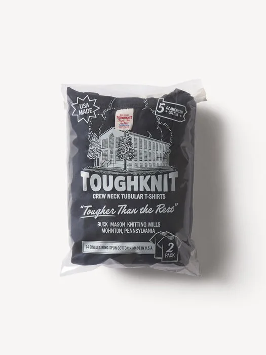 Clear package containing two folded black Toughknit tubular crew neck t-shirts