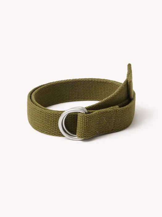 Coiled olive drab cotton belt with a silver D-ring buckle on a light background.