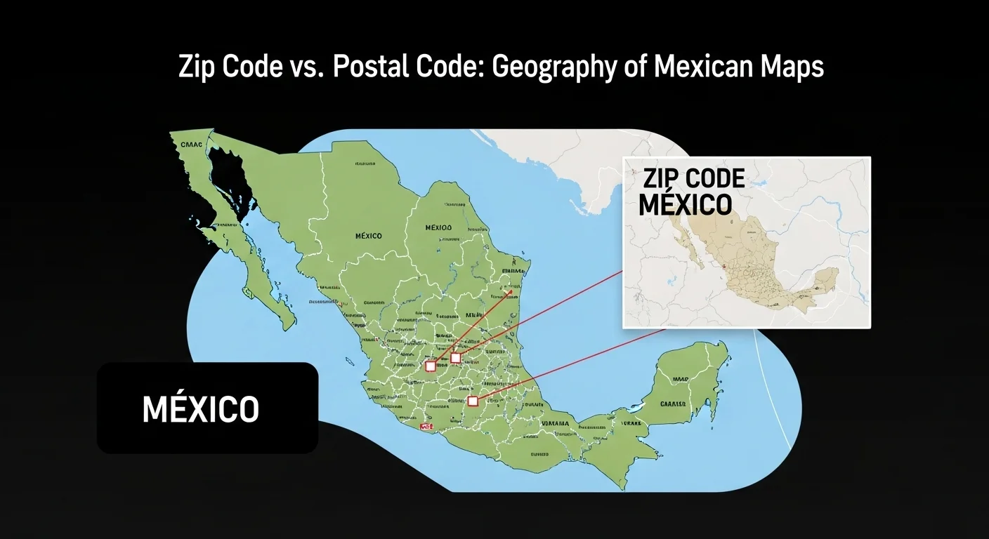 Mapa de México destacando la diferencia conceptual entre Código Zip y el Código Postal mexicano