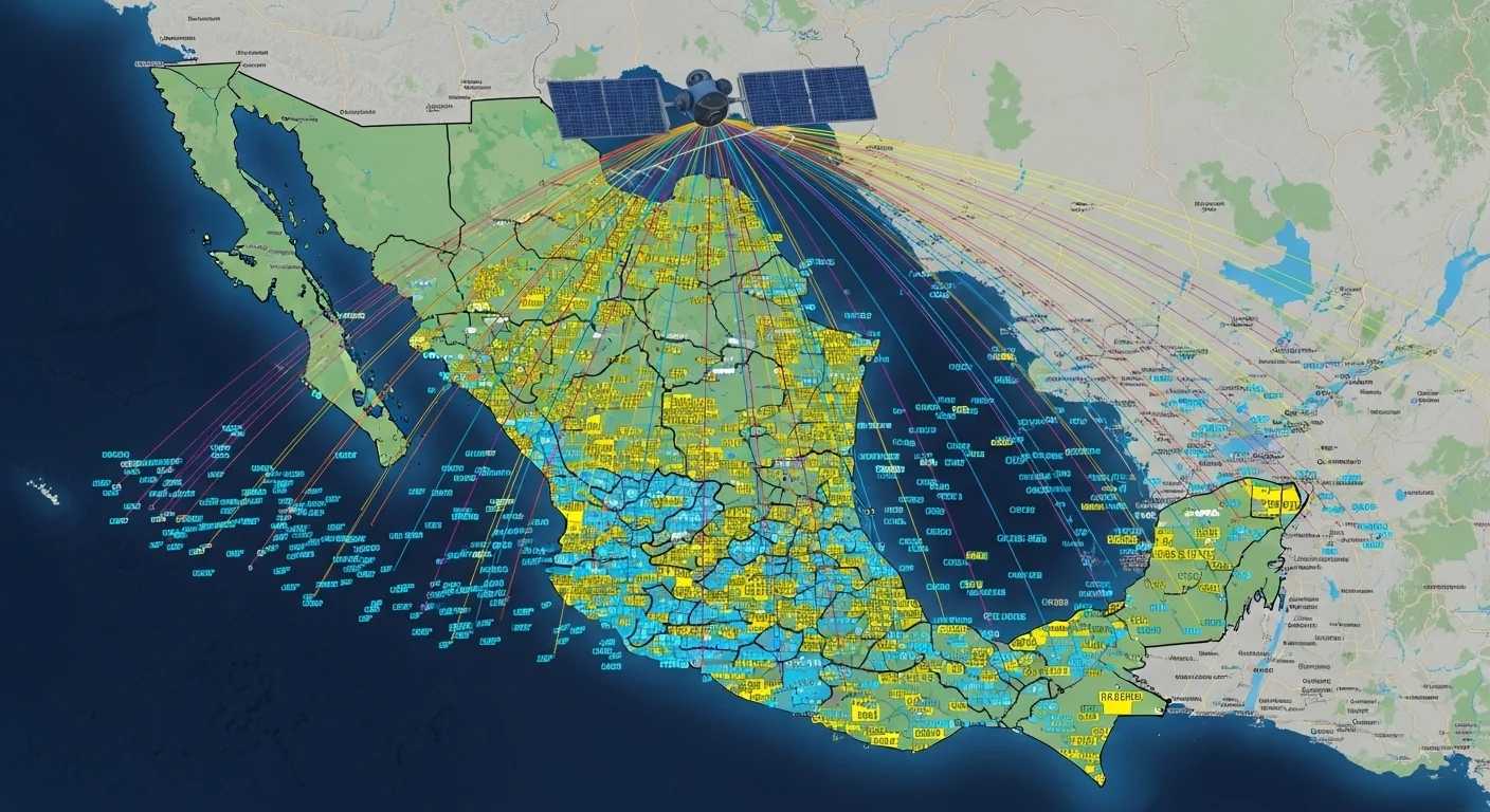 Mapa conceptual de México mostrando la conexión entre satélites GPS y los polígonos de códigos postales en el territorio.