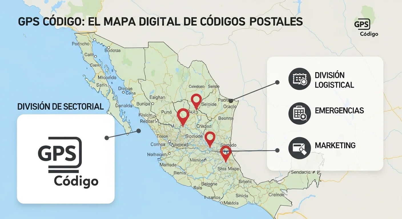 Infografía de la división sectorial de la tecnología Gps Codigo, mostrando logística, emergencias y marketing.