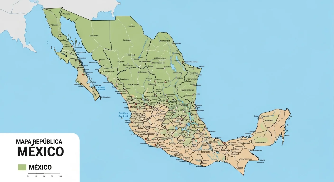 División territorial y estados de la República Mexicana en el mapa de México
