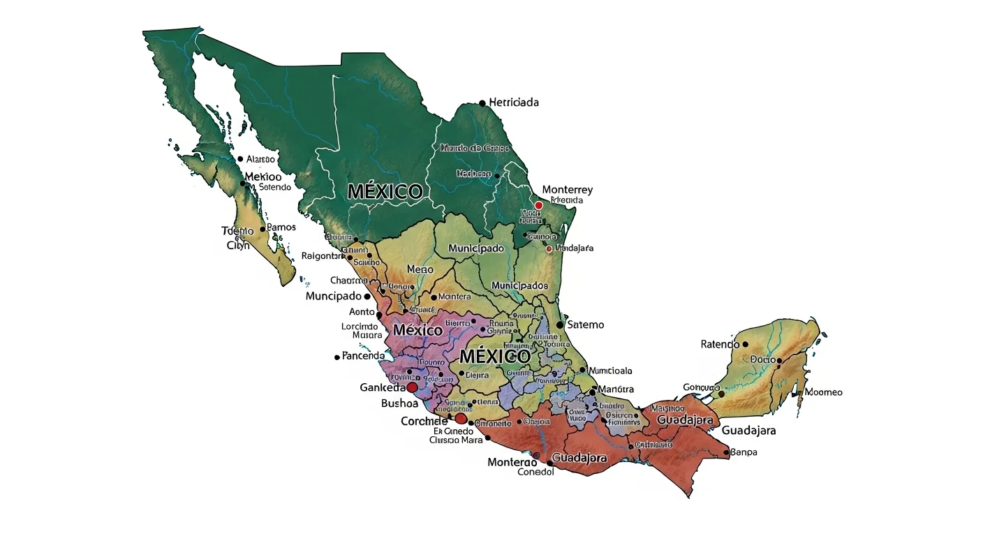 División municipal superpuesta en un plano topográfico en el mapa de México