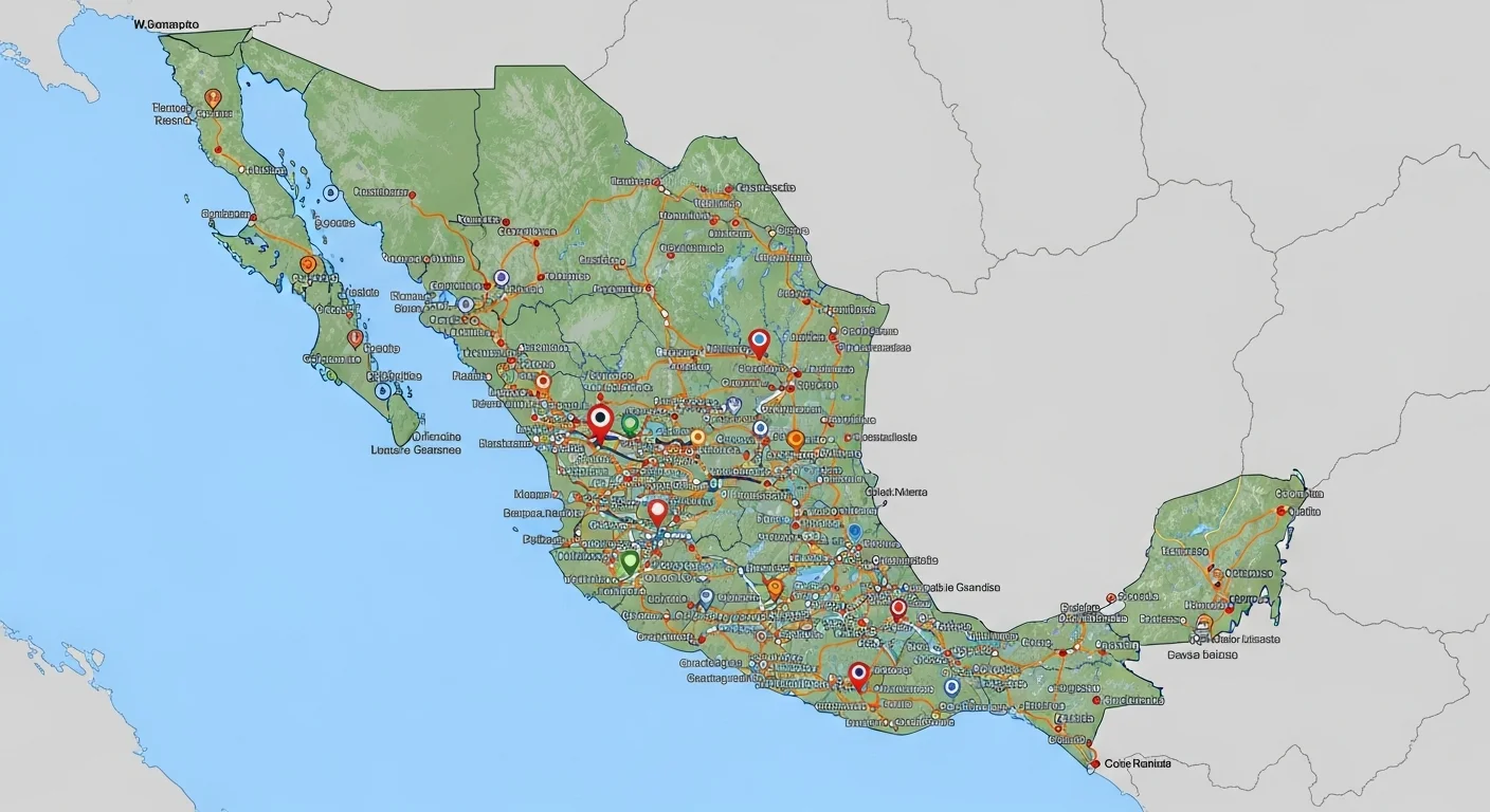 División territorial y localidades de Rutas Google en el mapa de México