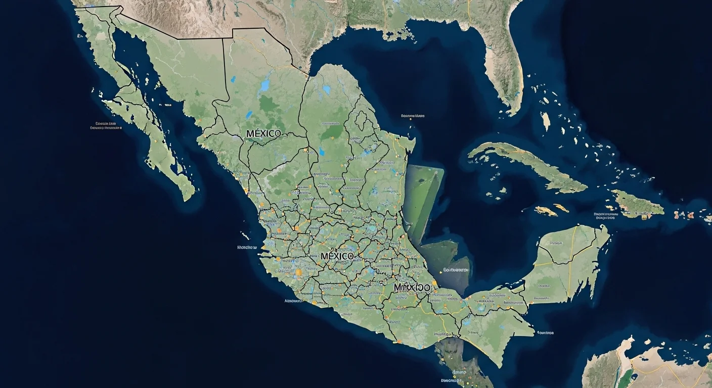 División territorial de México vista desde un satelite en vivo, con superposición de límites estatales.