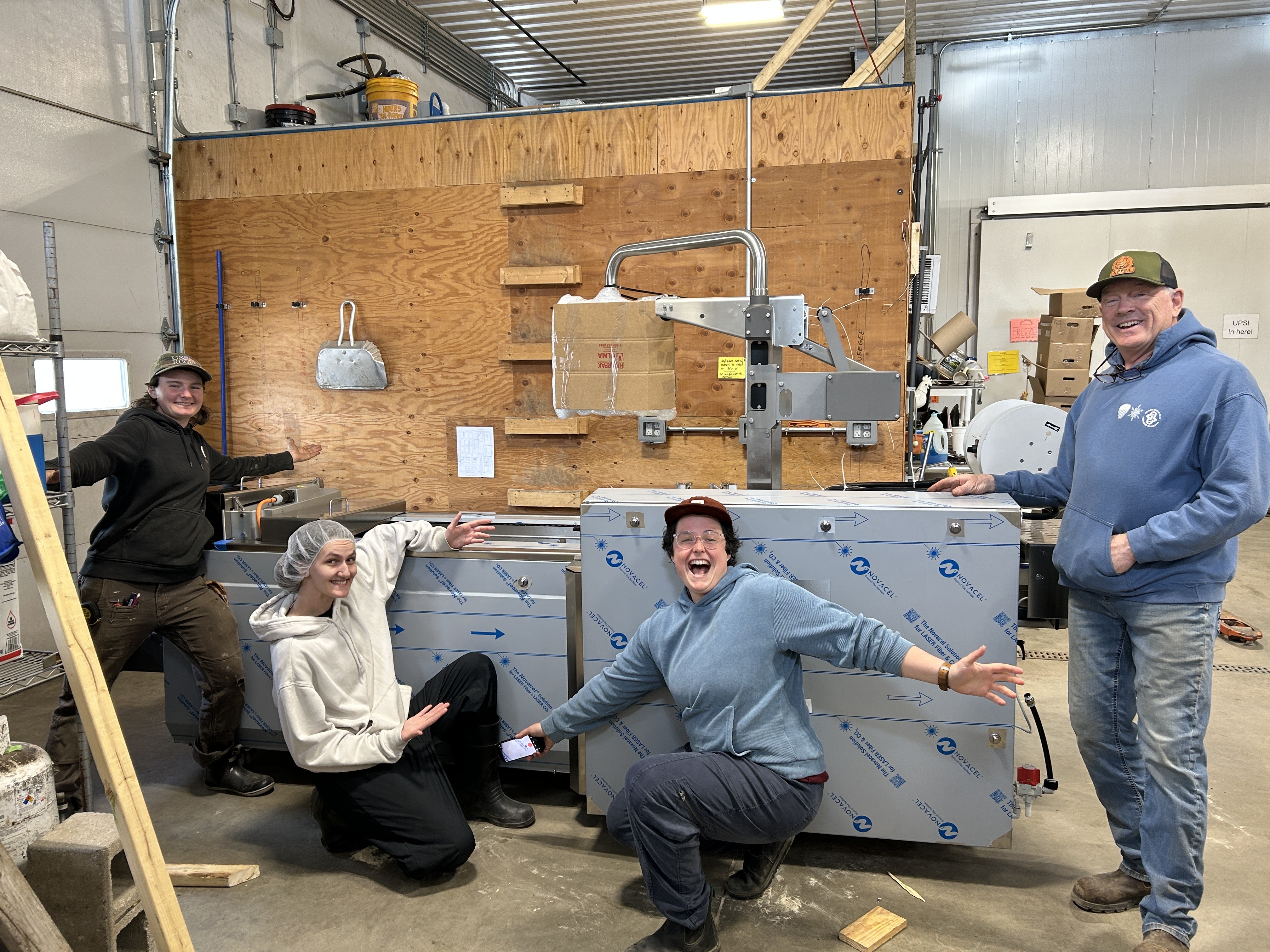 The roll-stock packaging machine arriving at the farm on delivery day