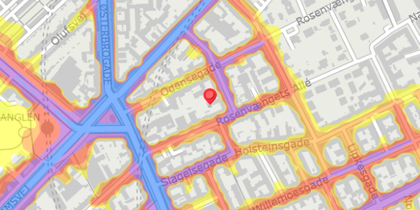 Trafikstøjkort på Rosenvængets Allé 17B, 1. th, 2100 København Ø