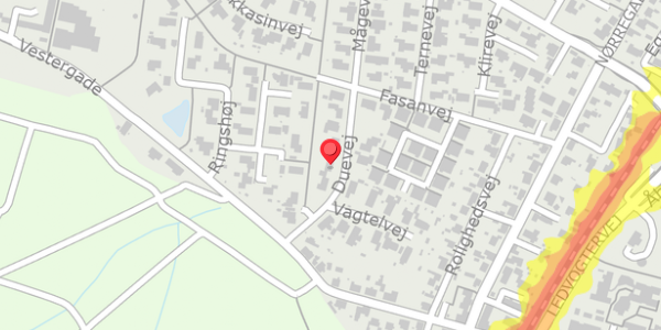 Trafikstøjkort på Duevej 8, 8382 Hinnerup