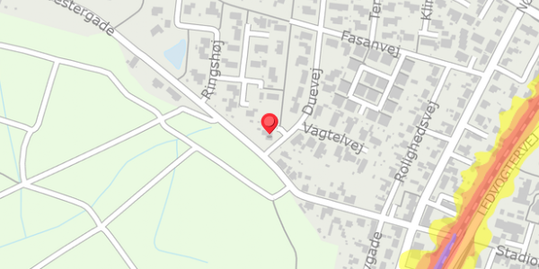 Trafikstøjkort på Duevej 16, 8382 Hinnerup