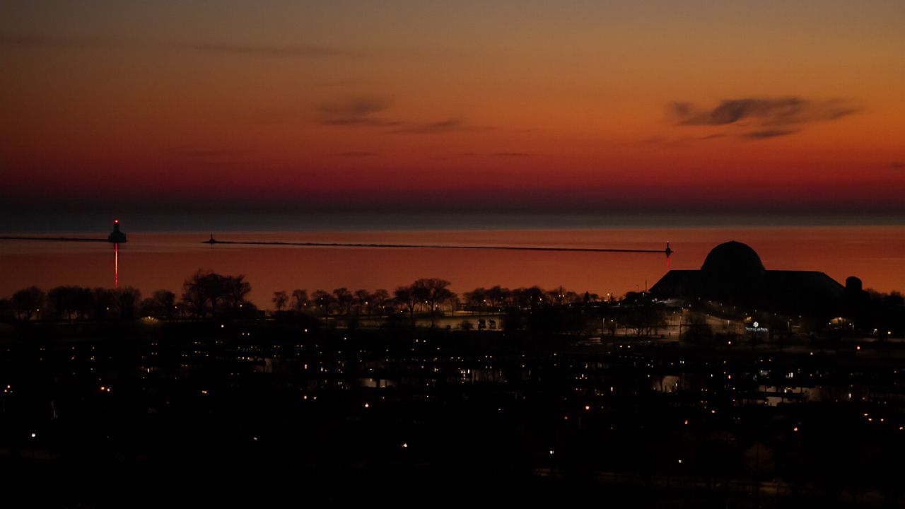 The Adler Planeterium - Lake Michigan - From South Loop condo roof at sunrise, United States