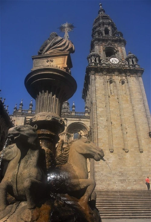 Fontana dei cavalli e Cattedrale - Aus Piazza Praterias, Spain