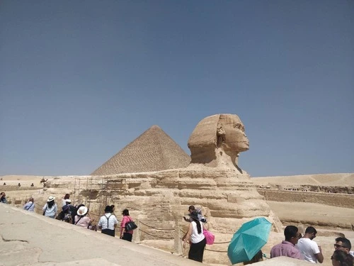 Great Sphinx of Giza and Pyramid of Cheops - From Valley Temple of Khafre, Egypt