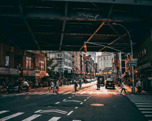 Under the Manhattan Bridge - China Town - Aus On E Broadway, looking in west, just before sun goes down, United States