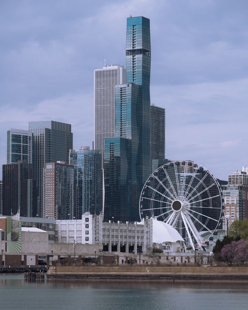 Navy Pier ferris wheel and St Regis - From Wendella Boat Tour, United States